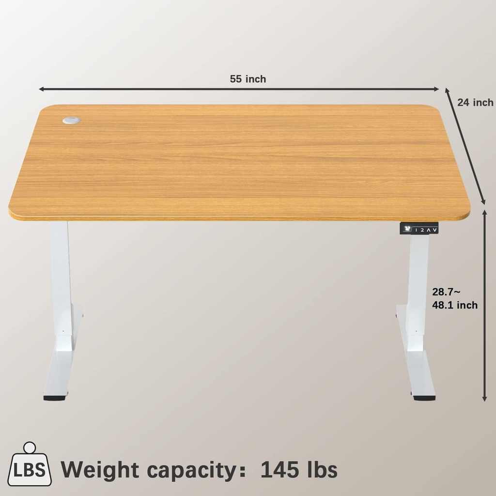 Furmax - Escritorio eléctrico de altura ajustable de pie grande de 55 x 24 pulgadas, escritorio de pie para oficina en casa, alturas prestablecidas, soporte de metal en forma de T, blanco y madera