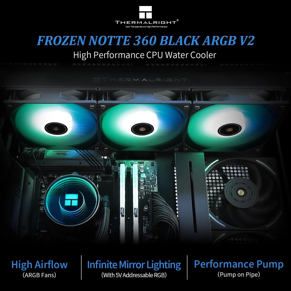 Thermalright Frozen Notte 360 Black ARGB V2 Enfriador de CPU de refrigeración por agua, especificaciones del enfriador de CPU negro 360, ventiladores PWM de 3 × 4.724 in, rodamientos S-FDB, adecuado