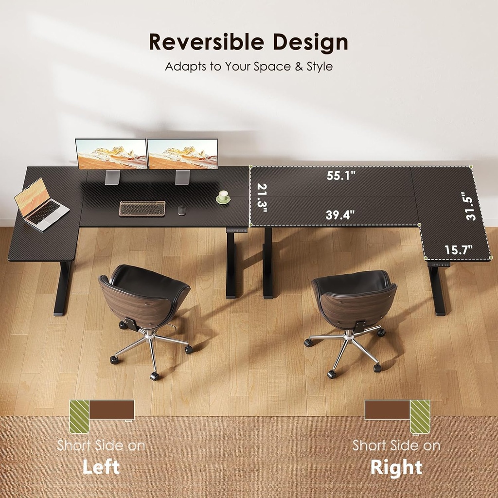 Escritorio eléctrico reversible en forma de L de 55 pulgadas, fibra de carbono negro | Corner Height Adjustable Computer Table, Stand Up Desk with 3 Memory Presets, Reinforced Frame for Home Office, Workstation 
