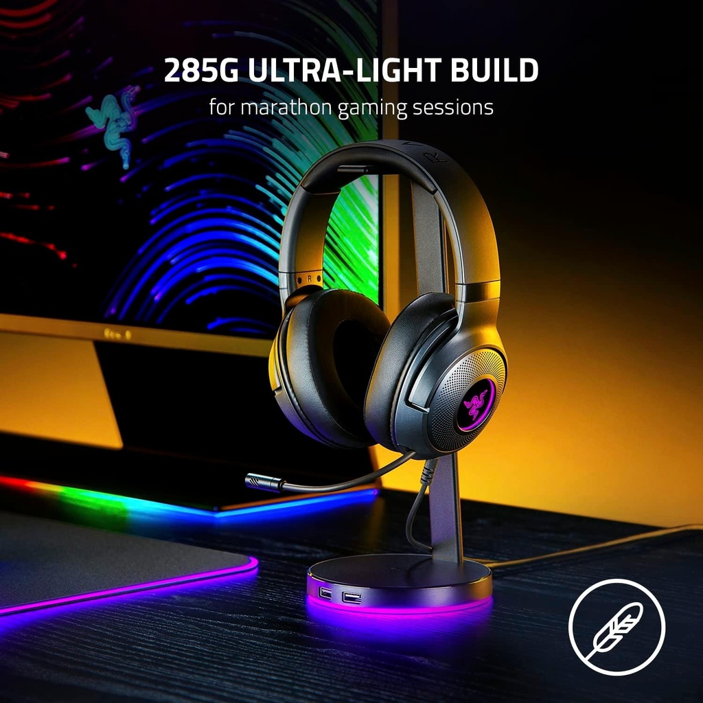 Razer Kraken V3 X Auriculares USB con cable para juegos: construcción ligera, controladores Triforce de 1.575 in, micrófono cardioide HyperClear, sonido envolvente 7.1, iluminación Chroma RGB, color