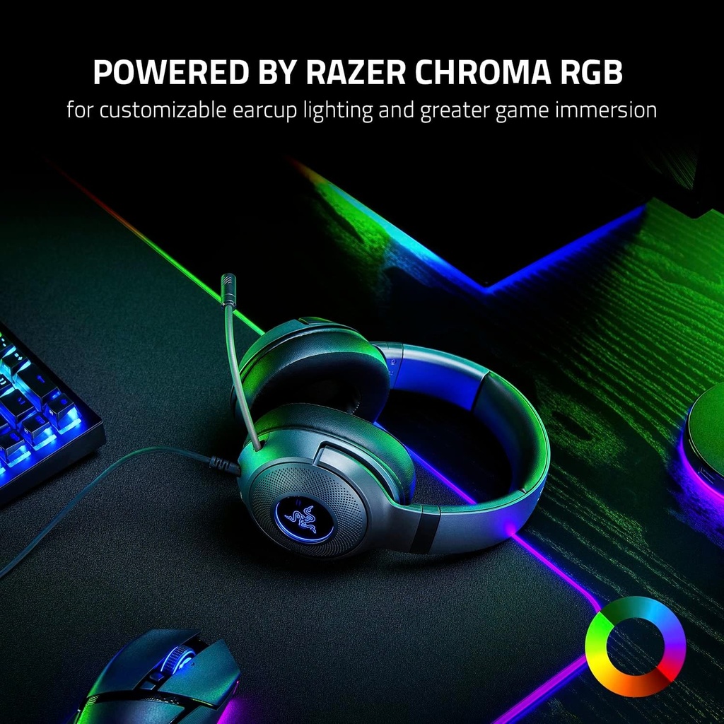 Razer Kraken V3 X Auriculares USB con cable para juegos: construcción ligera, controladores Triforce de 1.575 in, micrófono cardioide HyperClear, sonido envolvente 7.1, iluminación Chroma RGB, color