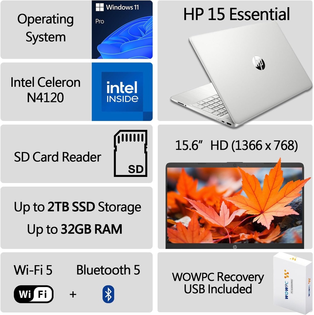HP Nuevo portátil esencial, 16 GB de RAM, SSD de 1 TB, procesador Intel Celeron N4120 de 4 núcleos, gráficos Intel UHD, pantalla LED HD de 15.6 pulgadas, entretenimiento y uso personal, Windows 11