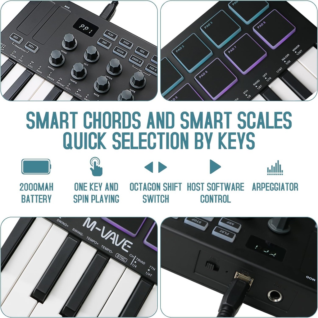M-VAVE Controlador de teclado MIDI USB de 25 teclas con 8 almohadillas retroiluminadas, teclado dinámico profesional semiponderado Bluetooth, 8 perillas y producción de música, software incluido