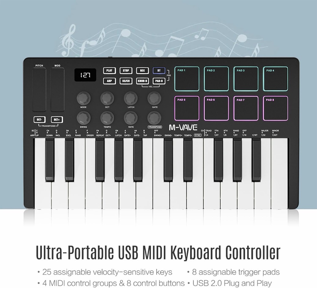 M-VAVE Controlador de teclado MIDI USB de 25 teclas con 8 almohadillas retroiluminadas, teclado dinámico profesional semiponderado Bluetooth, 8 perillas y producción de música, software incluido