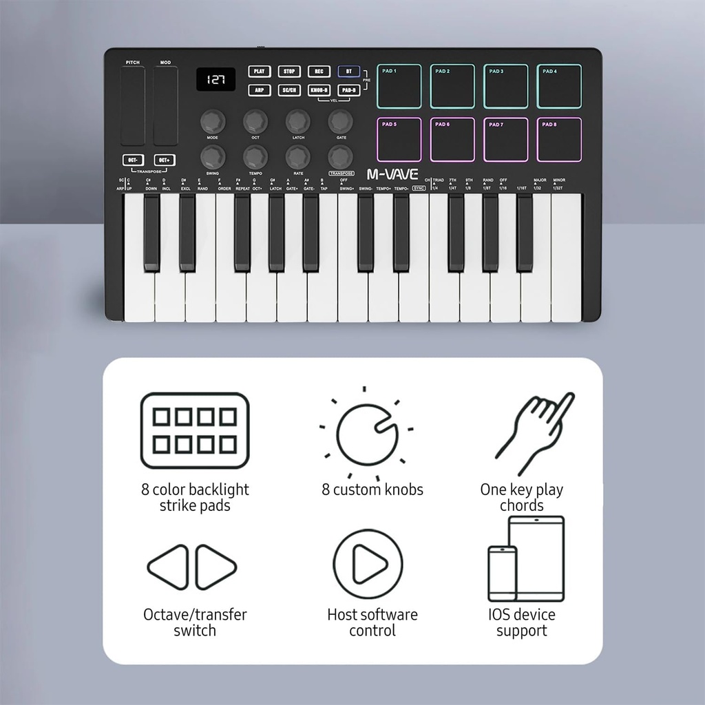 M-VAVE Controlador de teclado MIDI USB de 25 teclas con 8 almohadillas retroiluminadas, teclado dinámico profesional semiponderado Bluetooth, 8 perillas y producción de música, software incluido
