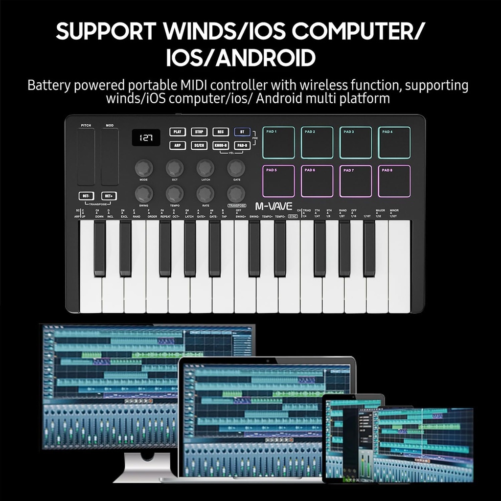 M-VAVE Controlador de teclado MIDI USB de 25 teclas con 8 almohadillas retroiluminadas, teclado dinámico profesional semiponderado Bluetooth, 8 perillas y producción de música, software incluido