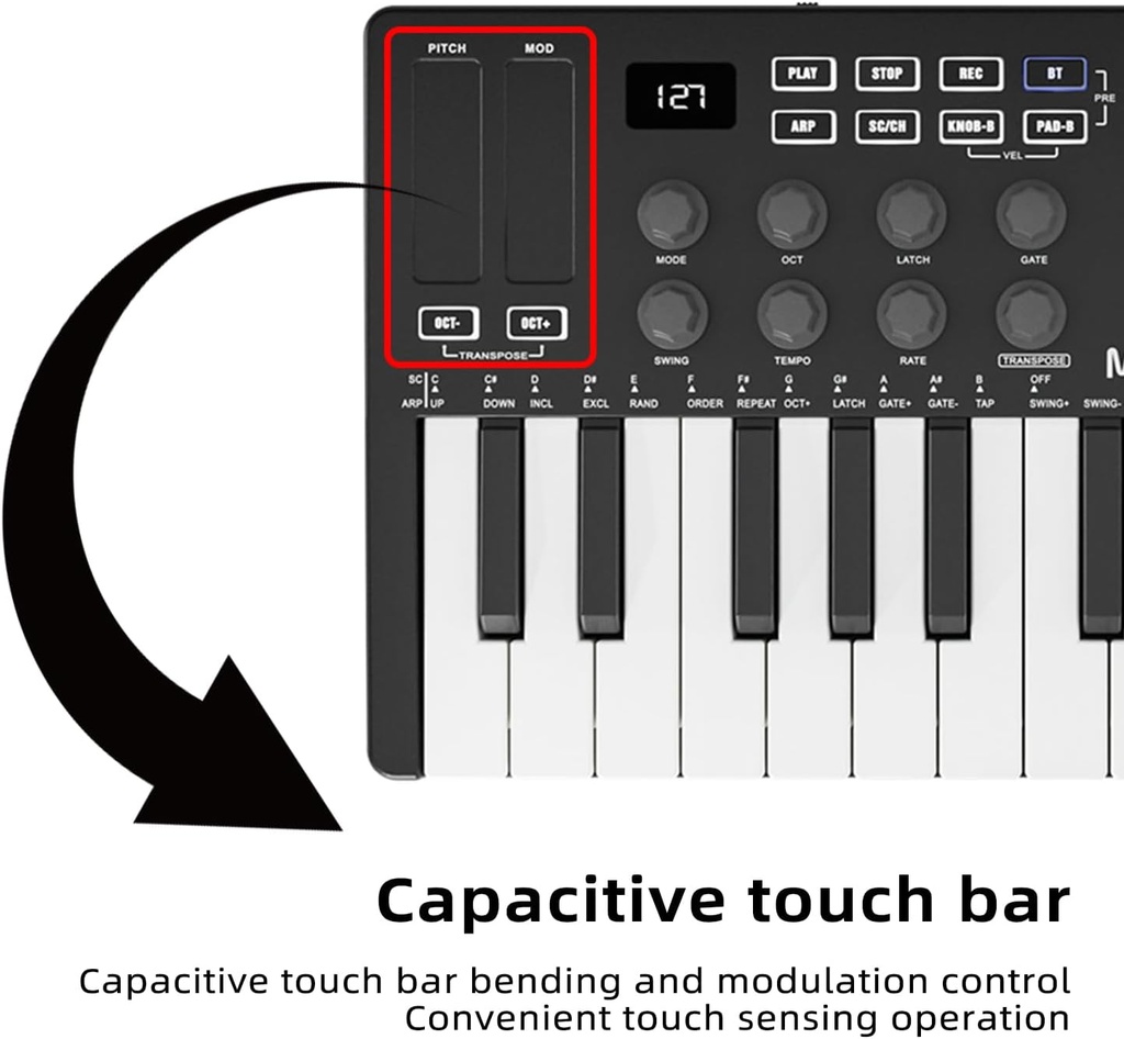 M-VAVE Controlador de teclado MIDI USB de 25 teclas con 8 almohadillas retroiluminadas, teclado dinámico profesional semiponderado Bluetooth, 8 perillas y producción de música, software incluido