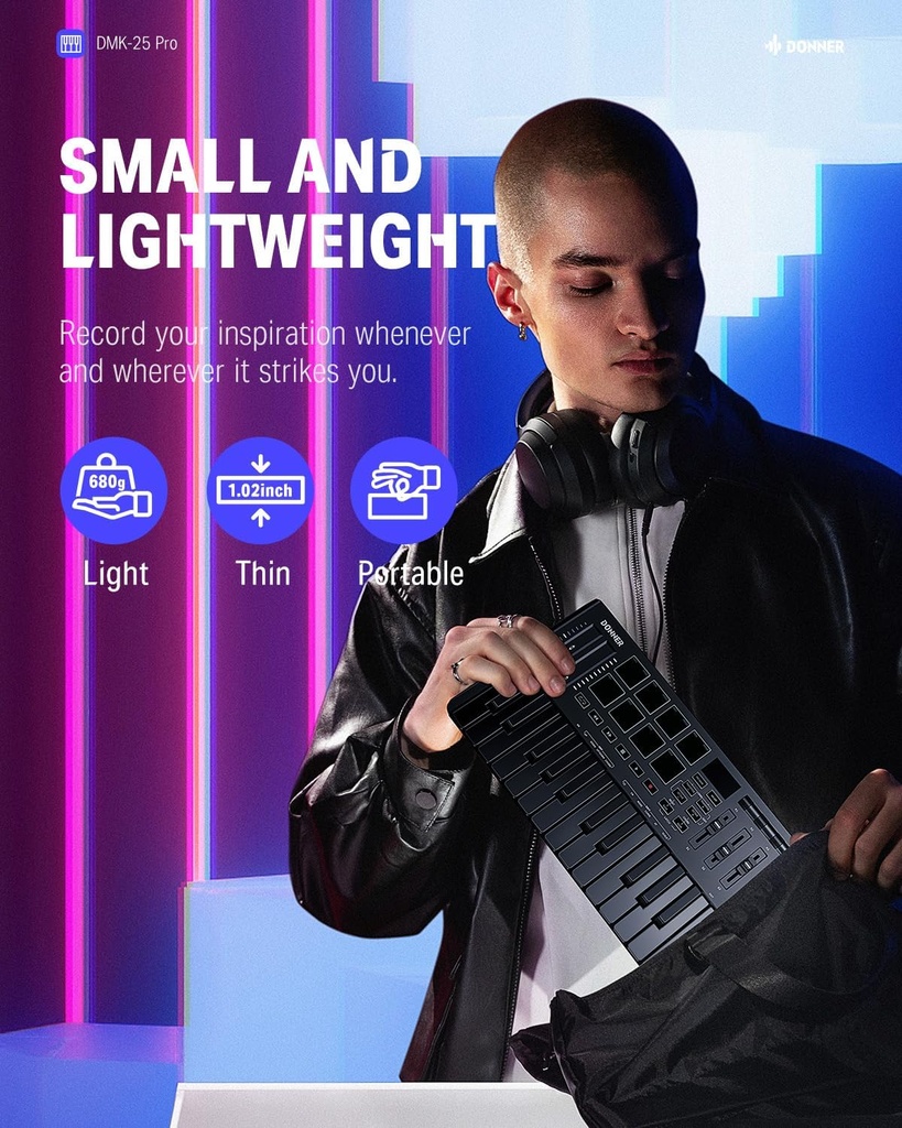 Donner Controlador de teclado MIDI USB-C, mini teclado MIDI portátil de 25 teclas con 8 almohadillas de batería, pantalla OLED, 16 básculas inteligentes, arpegio, reproducción, software de 4 DAW y 40