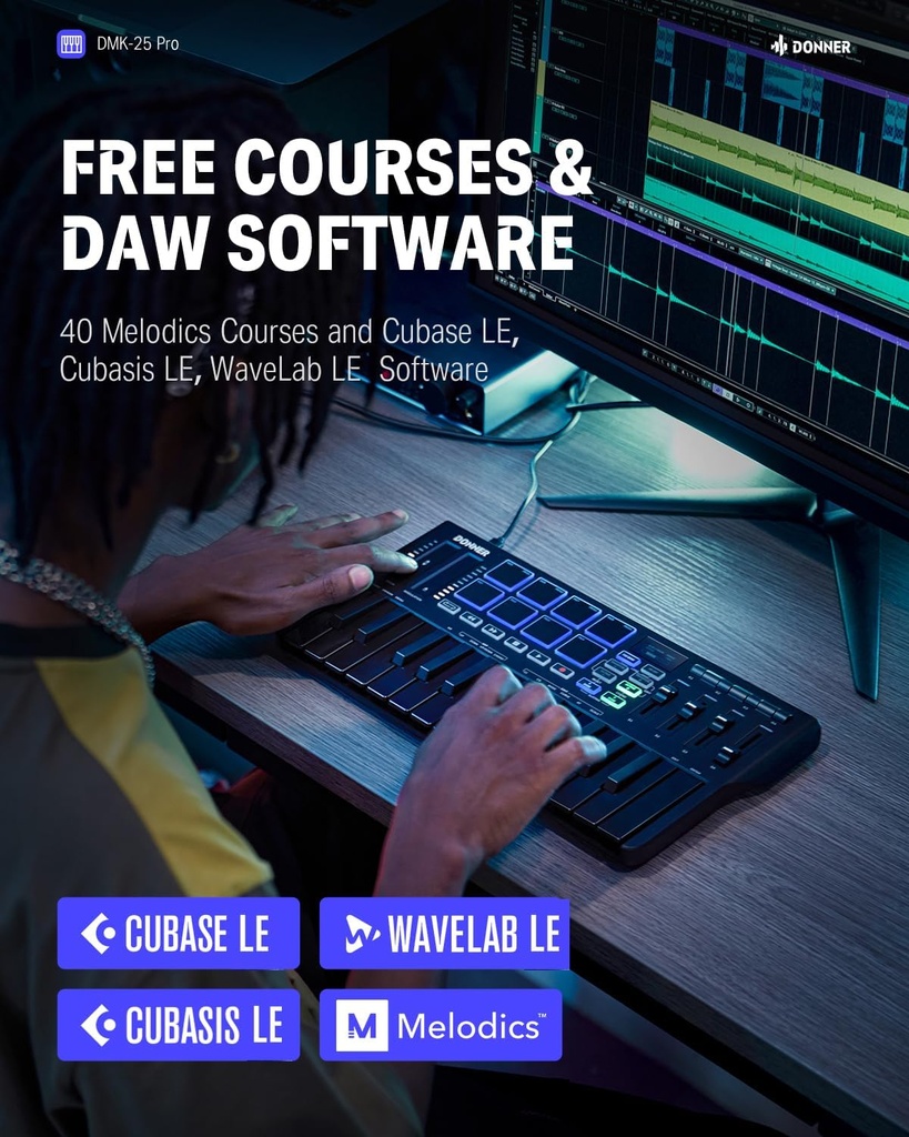 Donner Controlador de teclado MIDI USB-C, mini teclado MIDI portátil de 25 teclas con 8 almohadillas de batería, pantalla OLED, 16 básculas inteligentes, arpegio, reproducción, software de 4 DAW y 40