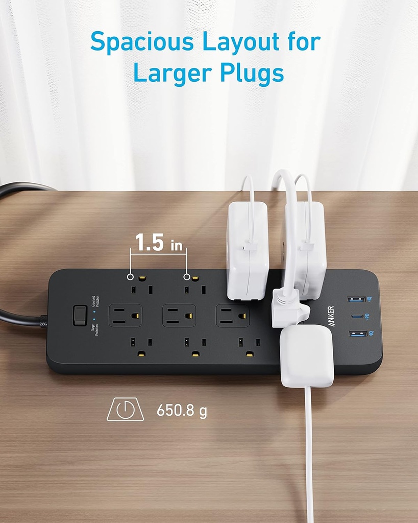 Anker - Regleta de protección contra sobretensiones (2100J), 12 salidas con 1 USB C y 2 puertos USB para iPhone 15/15 Plus/15 Pro/15 Pro Max, cable de extensión de 5 pies, enchufe plano, carga USB C