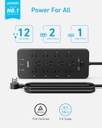 Anker - Regleta de protección contra sobretensiones (2100J), 12 salidas con 1 USB C y 2 puertos USB para iPhone 15/15 Plus/15 Pro/15 Pro Max, cable de extensión de 5 pies, enchufe plano, carga USB C