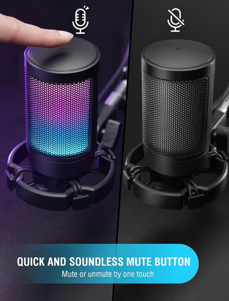 FIFINE Micrófono USB para juegos para PC PS5, micrófono de condensador con silencio rápido, indicador RGB, soporte para trípode, filtro pop, montaje de impacto, control de ganancia para transmisión de