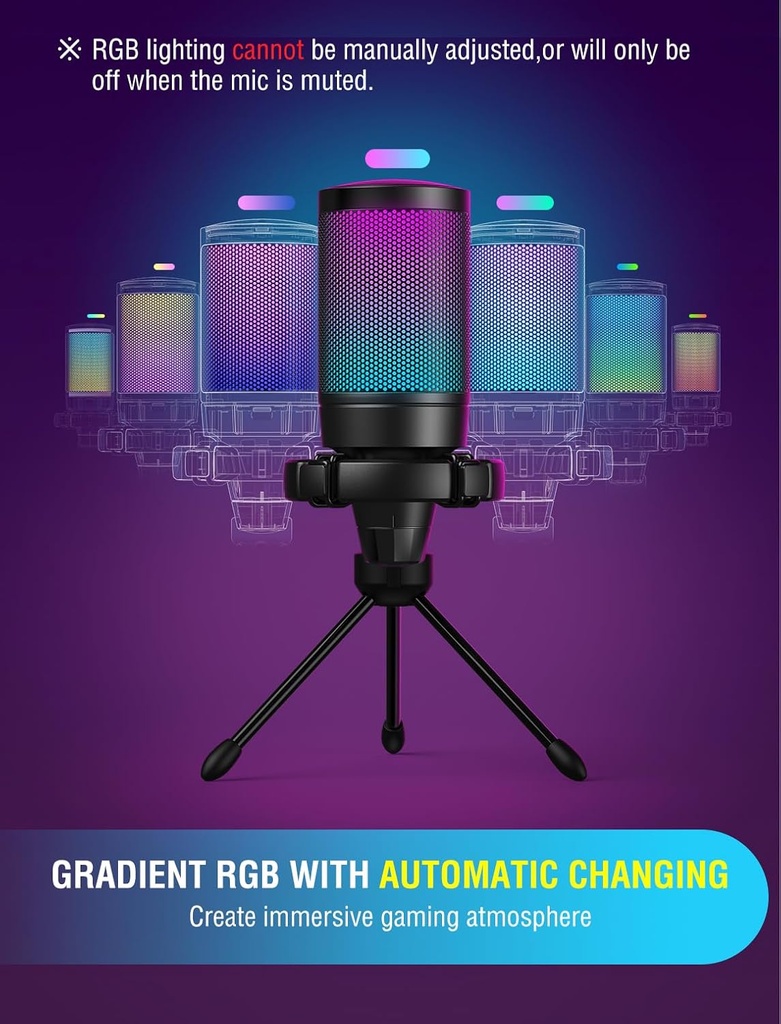 FIFINE Micrófono USB para juegos para PC PS5, micrófono de condensador con silencio rápido, indicador RGB, soporte para trípode, filtro pop, montaje de impacto, control de ganancia para transmisión de