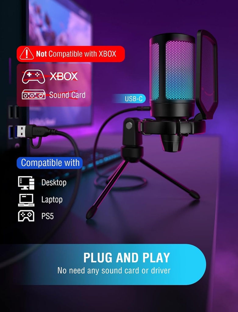 FIFINE Micrófono USB para juegos para PC PS5, micrófono de condensador con silencio rápido, indicador RGB, soporte para trípode, filtro pop, montaje de impacto, control de ganancia para transmisión de