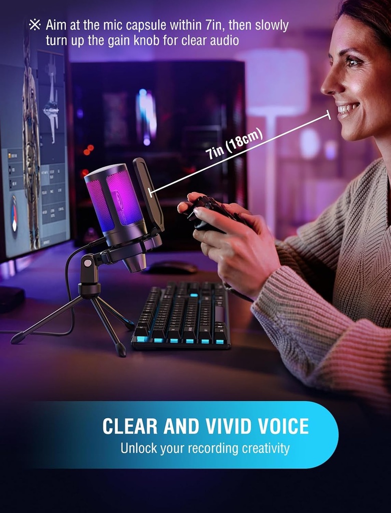 FIFINE Micrófono USB para juegos para PC PS5, micrófono de condensador con silencio rápido, indicador RGB, soporte para trípode, filtro pop, montaje de impacto, control de ganancia para transmisión de