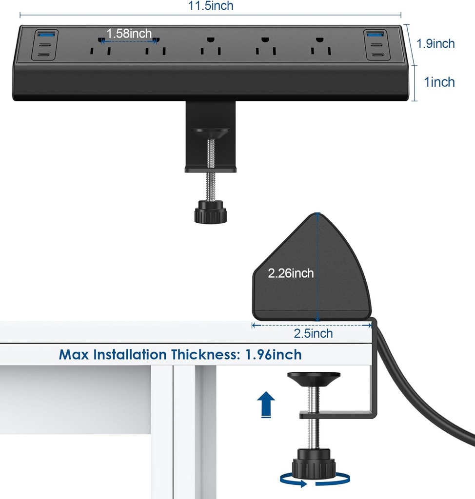 Regleta de alimentación USB C, estación de carga rápida total de 40 W, 4 puertos USB C PD de 20 W, tira de alimentación de montaje en borde de escritorio, 6 puertos USB, 5 salidas de CA, protector de