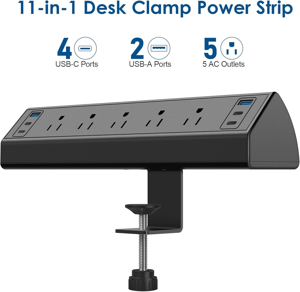 Regleta de alimentación USB C, estación de carga rápida total de 40 W, 4 puertos USB C PD de 20 W, tira de alimentación de montaje en borde de escritorio, 6 puertos USB, 5 salidas de CA, protector de