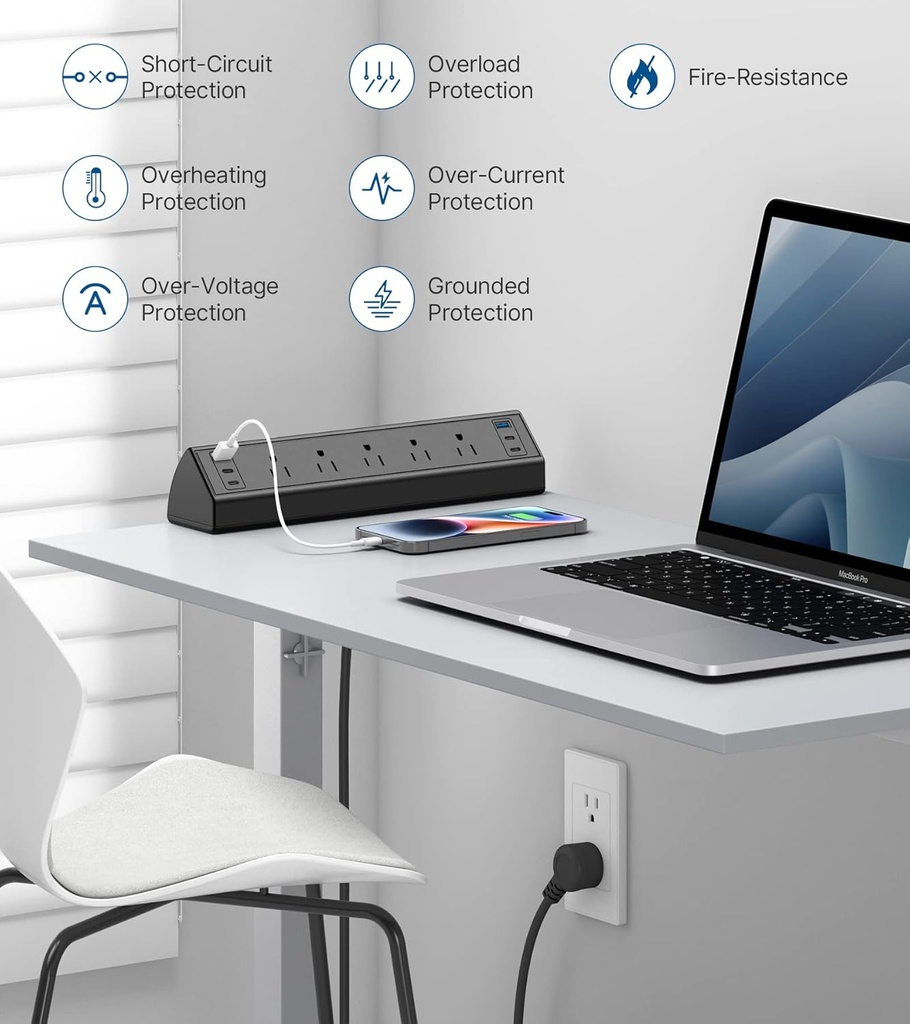 Regleta de alimentación USB C, estación de carga rápida total de 40 W, 4 puertos USB C PD de 20 W, tira de alimentación de montaje en borde de escritorio, 6 puertos USB, 5 salidas de CA, protector de