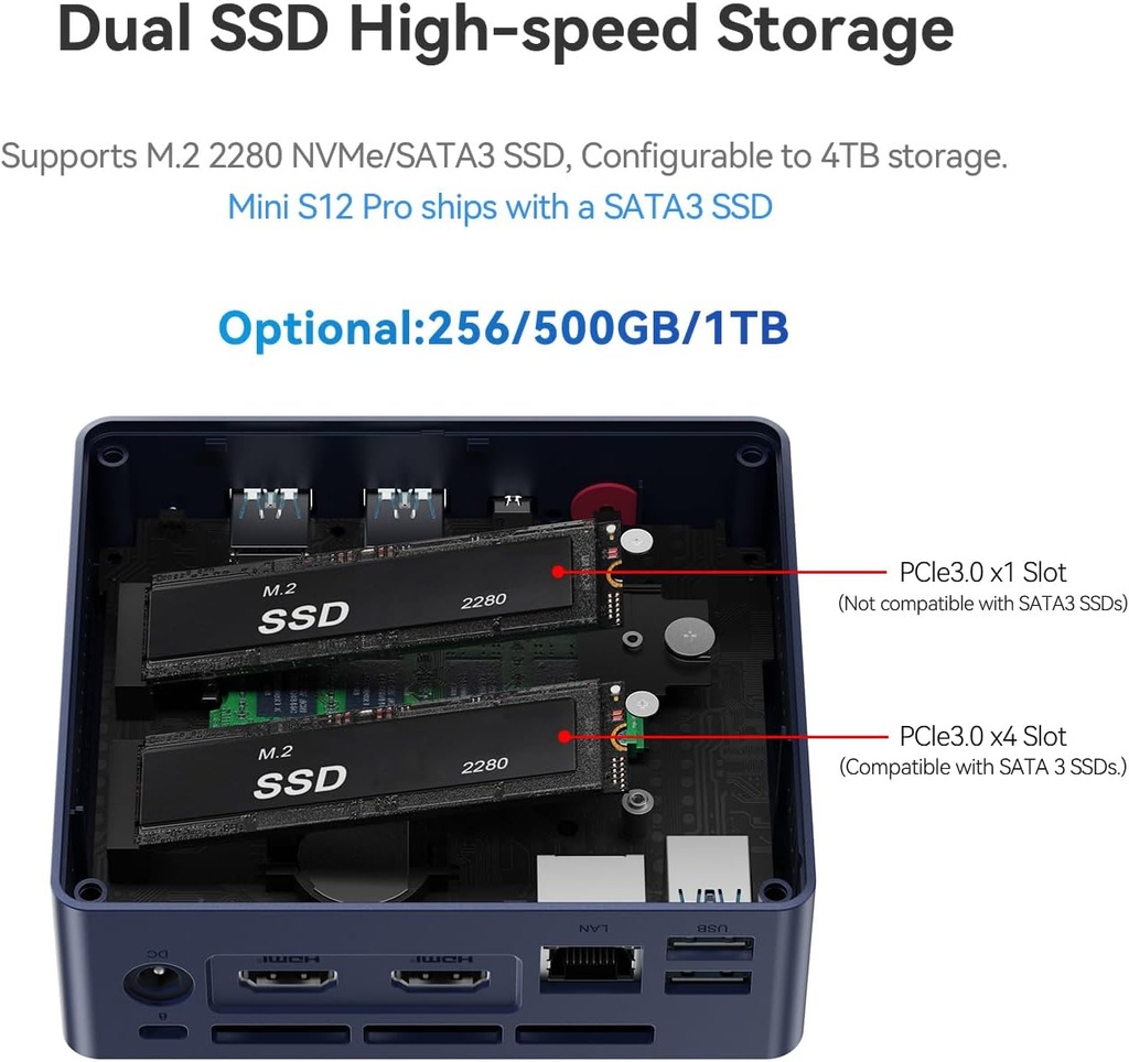 Beelink Mini PC S12 Pro, Intel 12ª generación Alder Lake - N100(hasta 3.4 GHz), 8 GB DDR4 RAM 256 GB M.2 SSD, soporte para computadora de escritorio 4K Dual Display/USB3.2/WiFi 6/BT5.2/Gigabit