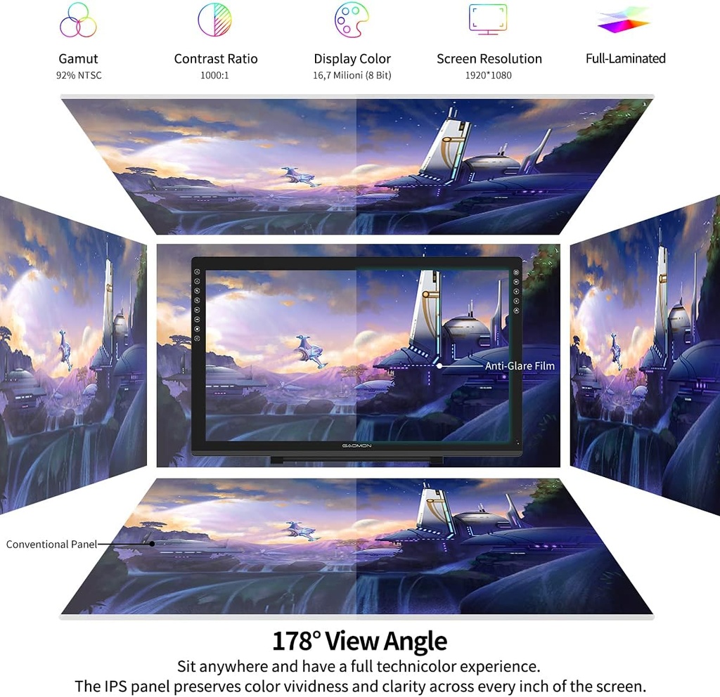 GAOMON PD2200 Tableta de dibujo con pantalla, tableta de arte digital completamente laminada con 8 botones táctiles, lápiz capacitivo sin batería, inclinación, 130% sRGB, tableta gráfica de 21.5