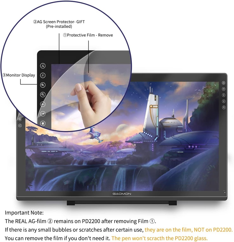 GAOMON PD2200 Tableta de dibujo con pantalla, tableta de arte digital completamente laminada con 8 botones táctiles, lápiz capacitivo sin batería, inclinación, 130% sRGB, tableta gráfica de 21.5