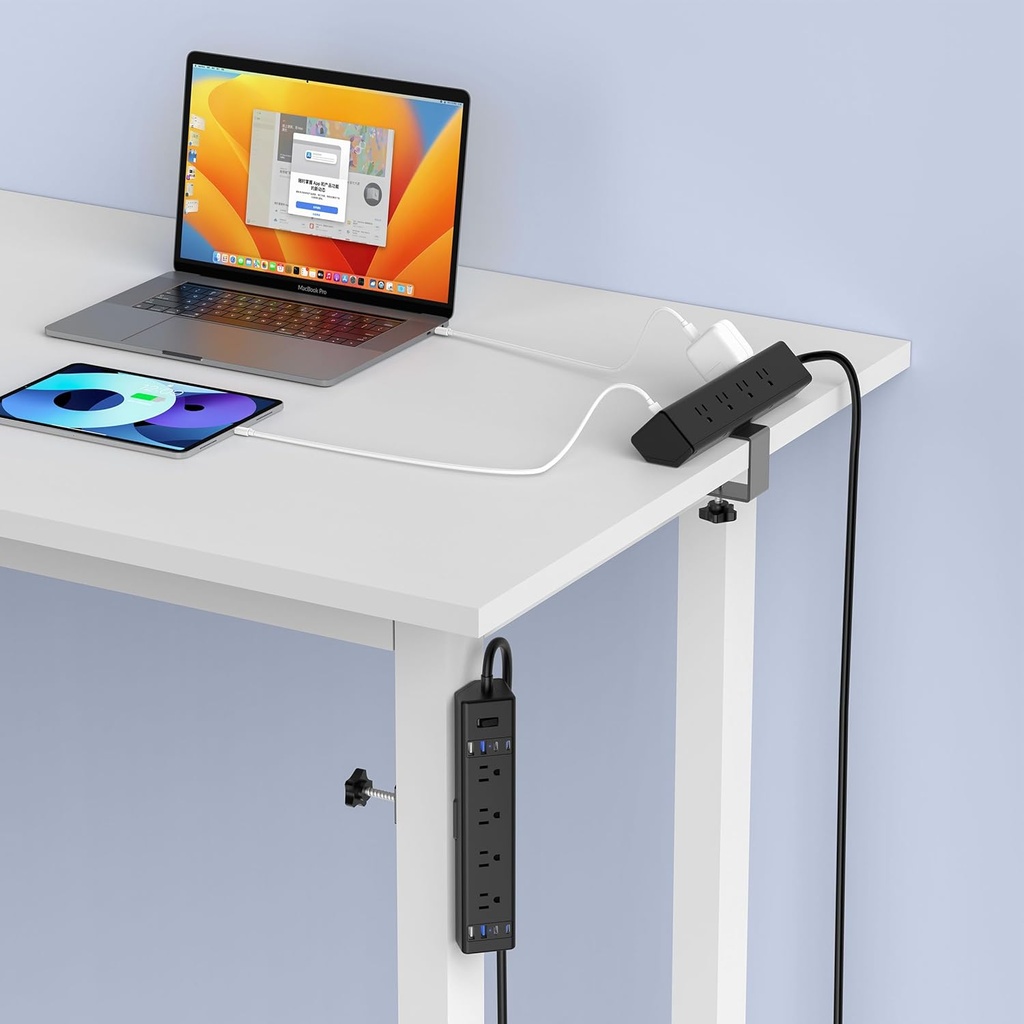 Estación de carga rápida de 40 W, regleta de alimentación con abrazadera de escritorio 20 W USB C, 8 tomacorrientes, 8 puertos USB, 4 USB C y 4 USB A, muebles de oficina, mesita de noche, protector de