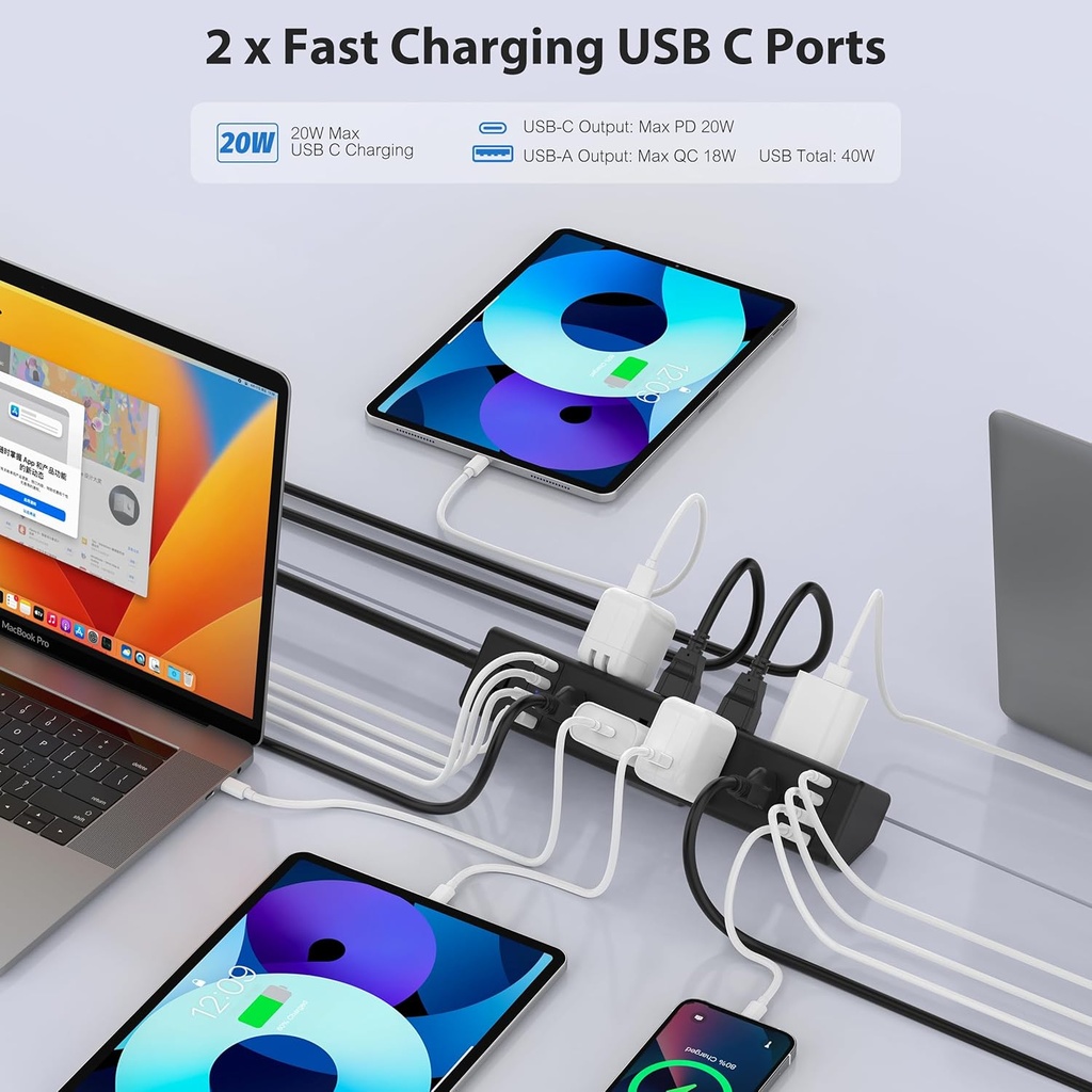 Estación de carga rápida de 40 W, regleta de alimentación con abrazadera de escritorio 20 W USB C, 8 tomacorrientes, 8 puertos USB, 4 USB C y 4 USB A, muebles de oficina, mesita de noche, protector de