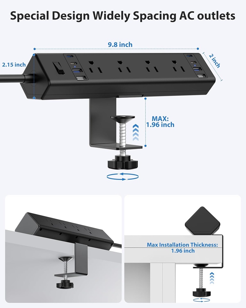 Estación de carga rápida de 40 W, regleta de alimentación con abrazadera de escritorio 20 W USB C, 8 tomacorrientes, 8 puertos USB, 4 USB C y 4 USB A, muebles de oficina, mesita de noche, protector de
