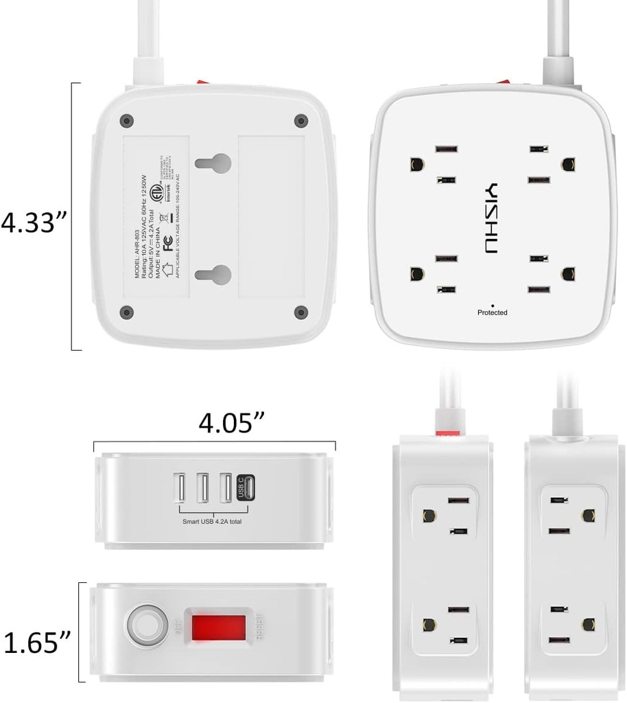 Regleta protectora de sobretensiones de 6 pies, 8 tomas amplias con 4 puertos USB, extensor de salida de 3 lados con cable de extensión de 6 pies, enchufe plano, montaje en pared, estación de carga