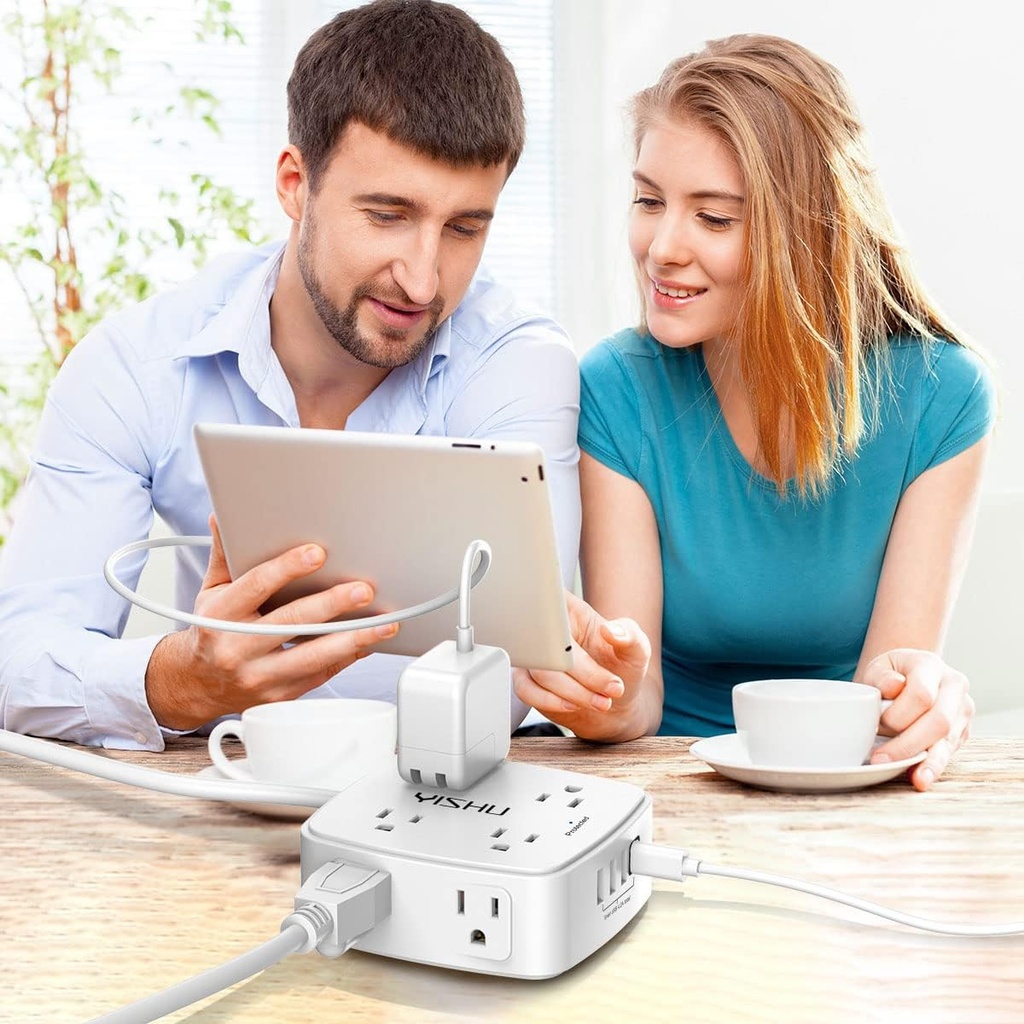 Regleta protectora de sobretensiones de 6 pies, 8 tomas amplias con 4 puertos USB, extensor de salida de 3 lados con cable de extensión de 6 pies, enchufe plano, montaje en pared, estación de carga