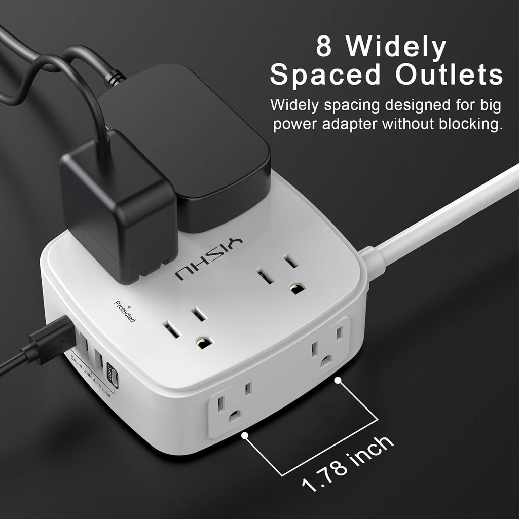 Regleta protectora de sobretensiones de 6 pies, 8 tomas amplias con 4 puertos USB, extensor de salida de 3 lados con cable de extensión de 6 pies, enchufe plano, montaje en pared, estación de carga