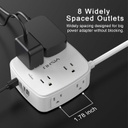 Regleta protectora de sobretensiones de 6 pies, 8 tomas amplias con 4 puertos USB, extensor de salida de 3 lados con cable de extensión de 6 pies, enchufe plano, montaje en pared, estación de carga