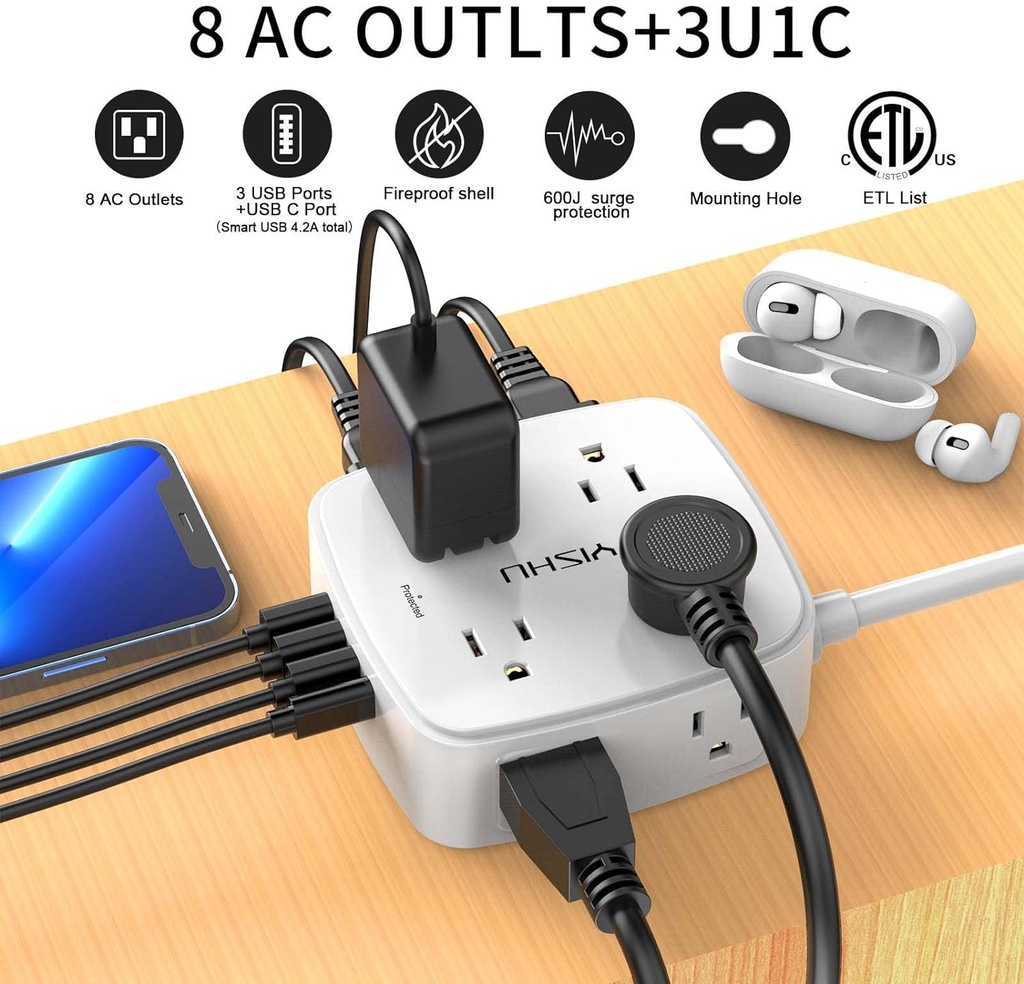 Regleta protectora de sobretensiones de 6 pies, 8 tomas amplias con 4 puertos USB, extensor de salida de 3 lados con cable de extensión de 6 pies, enchufe plano, montaje en pared, estación de carga