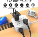 Regleta protectora de sobretensiones de 6 pies, 8 tomas amplias con 4 puertos USB, extensor de salida de 3 lados con cable de extensión de 6 pies, enchufe plano, montaje en pared, estación de carga