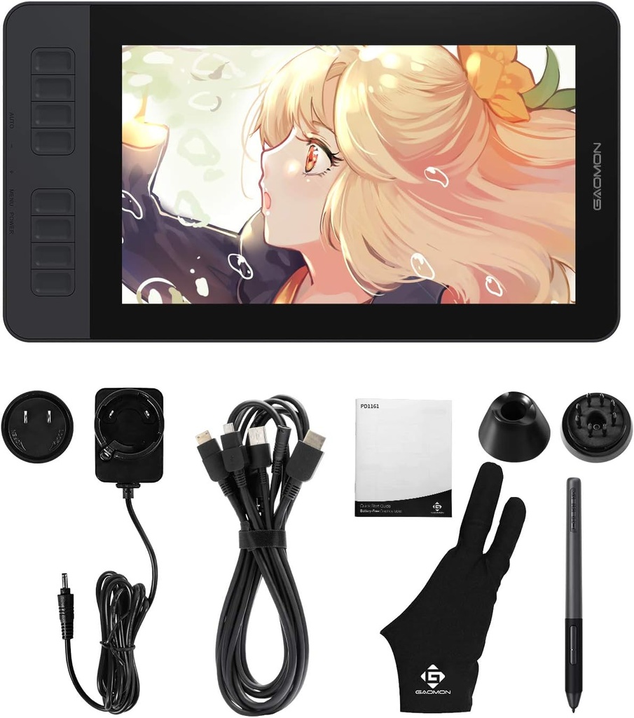 GAOMON PD1161 Tableta de dibujo con pantalla, tableta de arte digital con lápiz capacitivo, inclinación, 8 teclas de acceso directo para pintura, diseño, ilustración, edición, tableta gráfica de 11.6