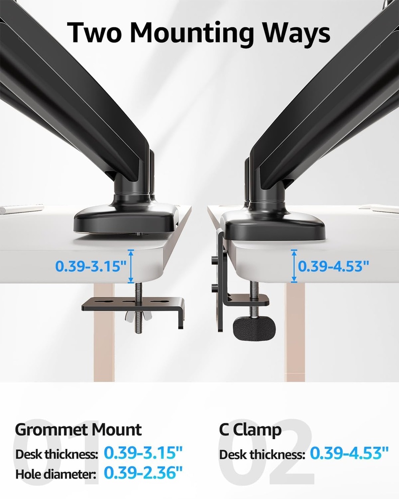 MOUNTUP Soporte de monitor doble para escritorio, brazos de monitor neumáticos para 2 monitores máximo de 32 pulgadas, soporte de monitor doble ajustable en altura, soportes VESA con abrazadera en C y