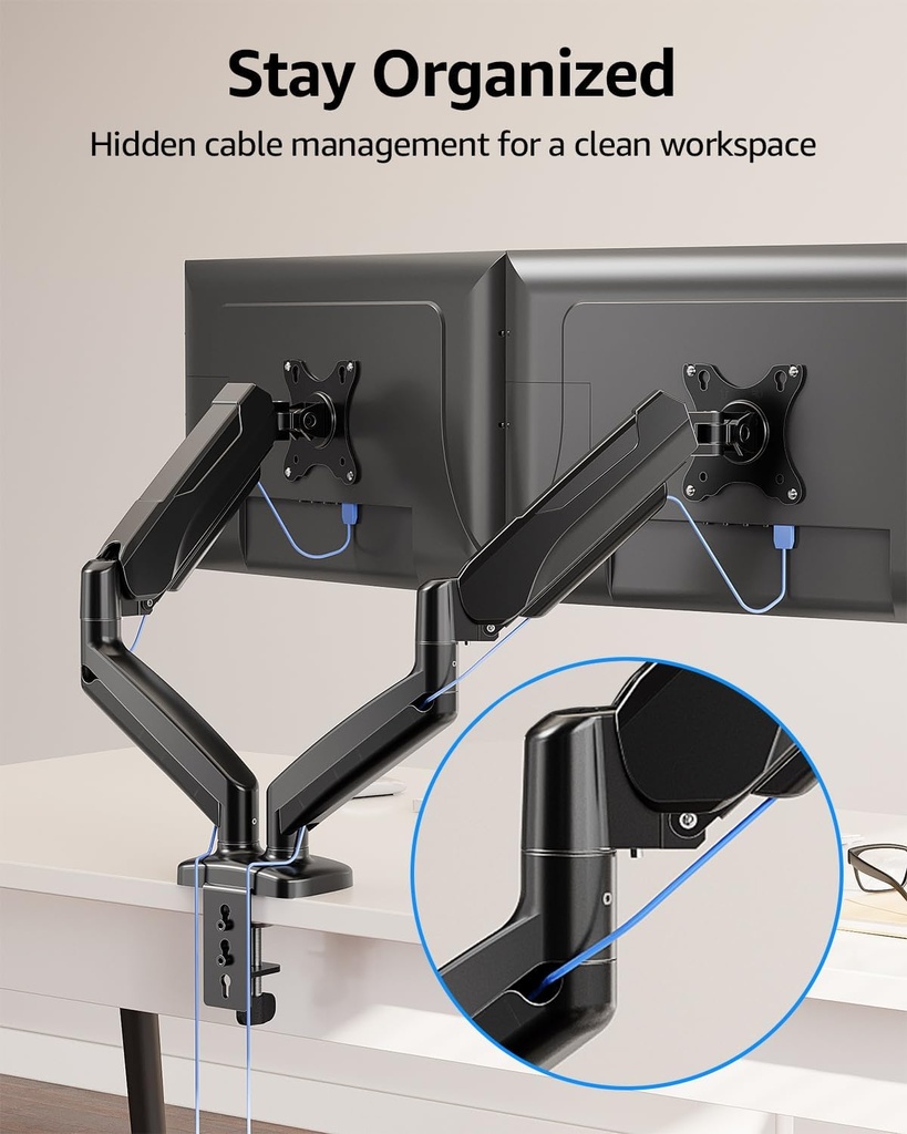 MOUNTUP Soporte de monitor doble para escritorio, brazos de monitor neumáticos para 2 monitores máximo de 32 pulgadas, soporte de monitor doble ajustable en altura, soportes VESA con abrazadera en C y