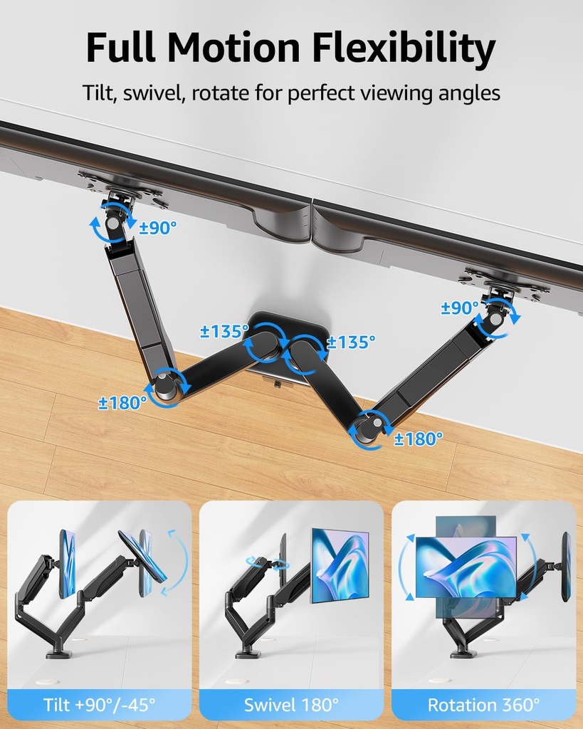 MOUNTUP Soporte de monitor doble para escritorio, brazos de monitor neumáticos para 2 monitores máximo de 32 pulgadas, soporte de monitor doble ajustable en altura, soportes VESA con abrazadera en C y