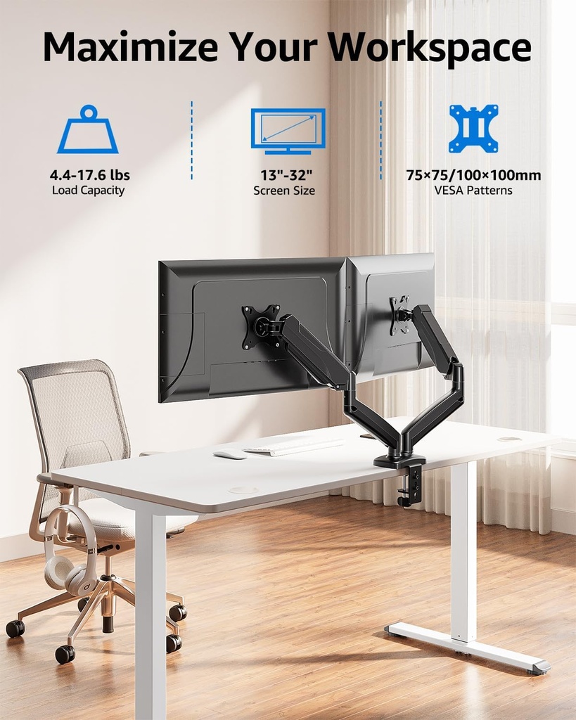 MOUNTUP Soporte de monitor doble para escritorio, brazos de monitor neumáticos para 2 monitores máximo de 32 pulgadas, soporte de monitor doble ajustable en altura, soportes VESA con abrazadera en C y
