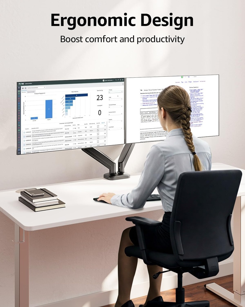 MOUNTUP Soporte de monitor doble para escritorio, brazos de monitor neumáticos para 2 monitores máximo de 32 pulgadas, soporte de monitor doble ajustable en altura, soportes VESA con abrazadera en C y