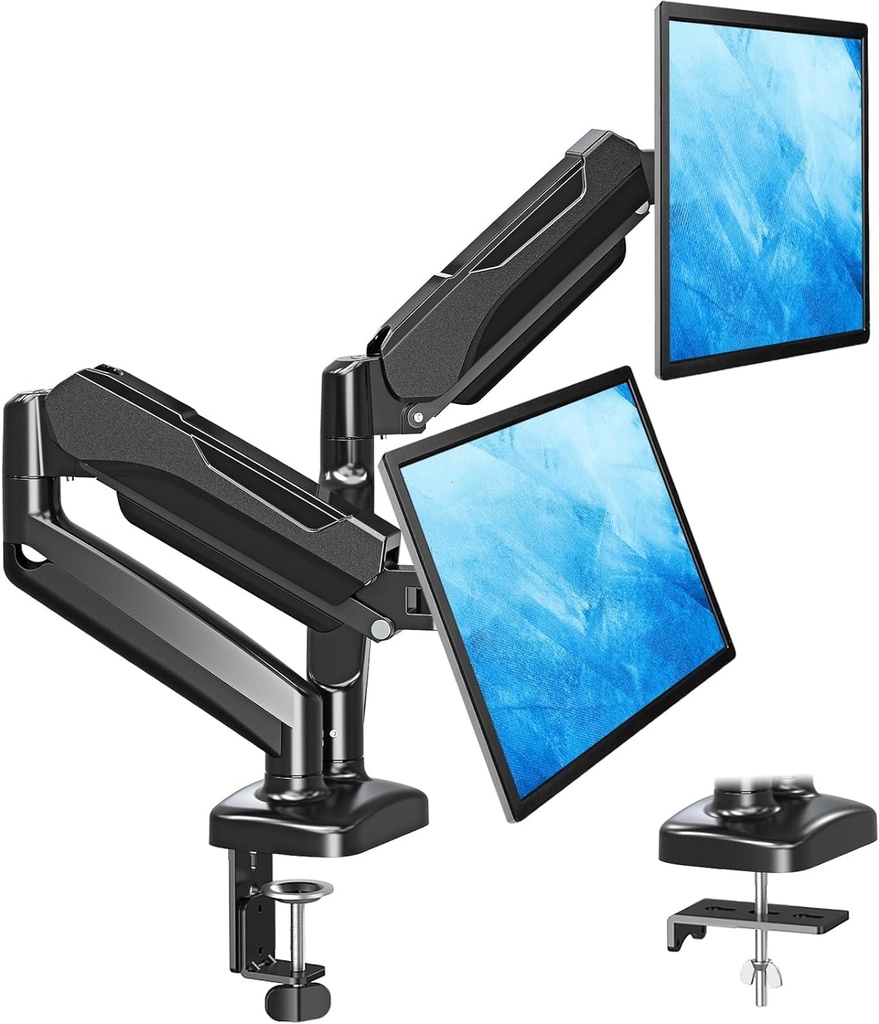 MOUNTUP Soporte de monitor doble para escritorio, brazos de monitor neumáticos para 2 monitores máximo de 32 pulgadas, soporte de monitor doble ajustable en altura, soportes VESA con abrazadera en C y