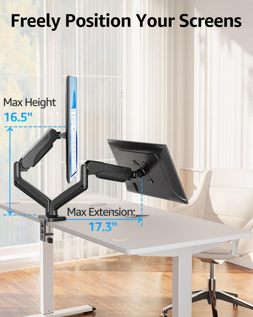 MOUNTUP Soporte de monitor doble para escritorio, brazos de monitor neumáticos para 2 monitores máximo de 32 pulgadas, soporte de monitor doble ajustable en altura, soportes VESA con abrazadera en C y