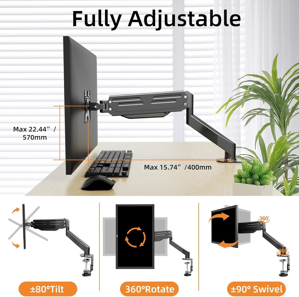 Bracwiser Soporte para monitor de 17 a 32 pulgadas con resorte de gas ajustable, soporte de escritorio con soporte de hasta 22 libras con base de montaje de abrazadera/ojal (MD82) (copia)