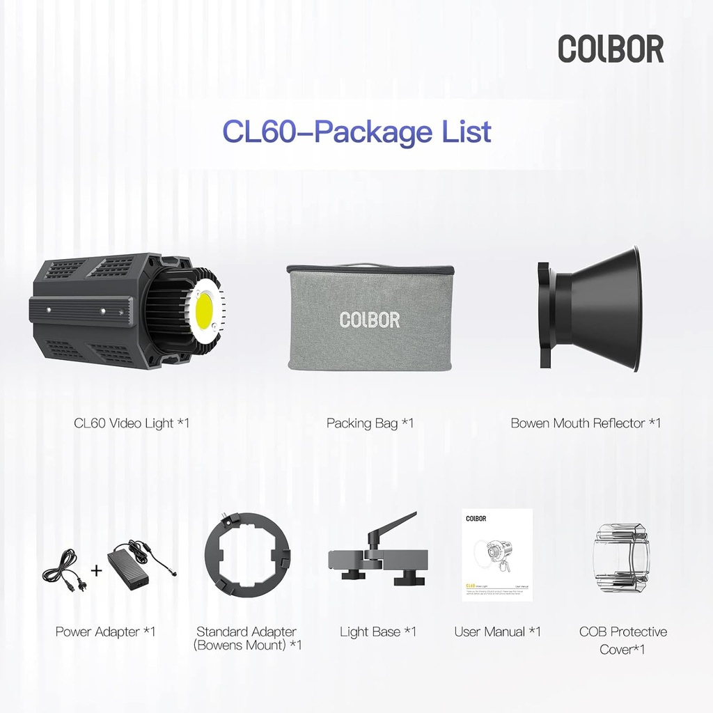 Luz De Video COLBOR - COB CL60 - Potencia 65W, 2700K a 6500K, CRI 97+