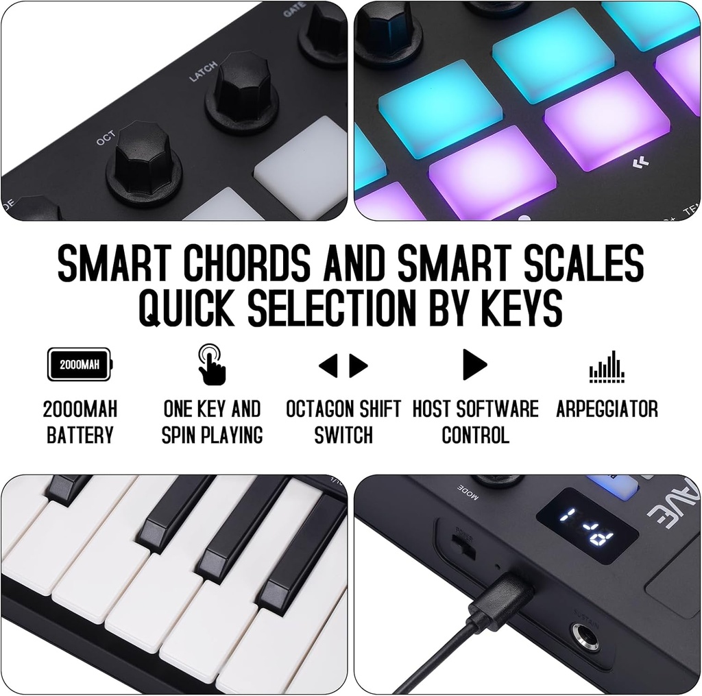 M-VAVE Controlador de teclado MIDI USB de 25 teclas con 8 almohadillas retroiluminadas, teclado dinámico profesional semiponderado Bluetooth, 8 perillas y producción de música, software incluido