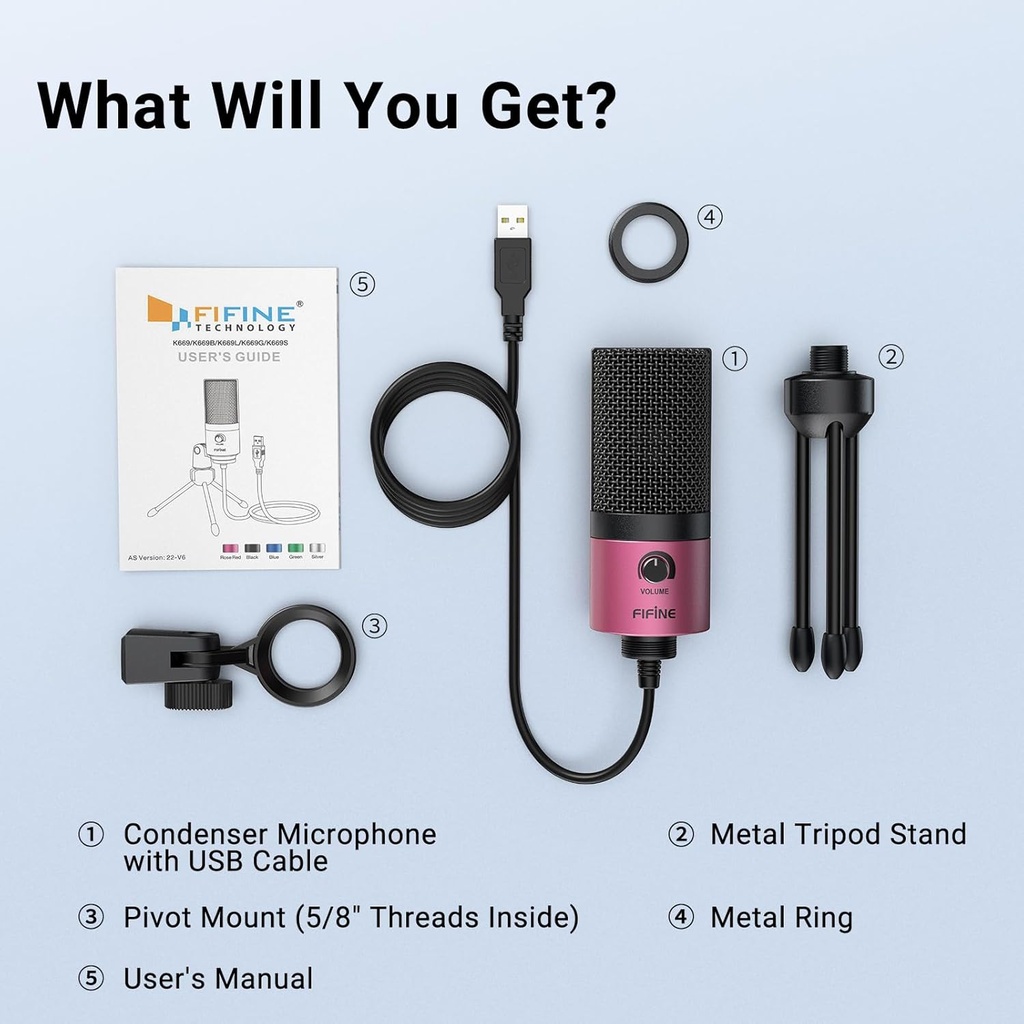 Microfono USB De Condensador FIFINE K669 - Cardioide Para PC, PS4, Mac - Para Streaming - Podcast - Twitch. (Pink)