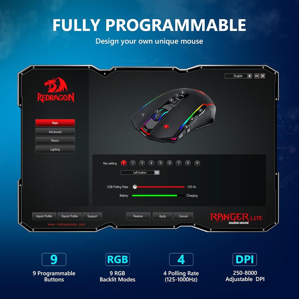 Mouse Gamer Redragon Ranger M910-K cableado - RGB, 8000 DPI ajustable, 9 botones macro programables y botón de fuego, software compatible con teclas DIY