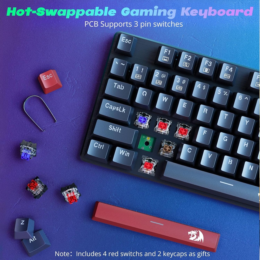 Redragon Teclado mecánico para juegos con cable, 11 modos retroiluminados programables, interruptor rojo (SINDRI)