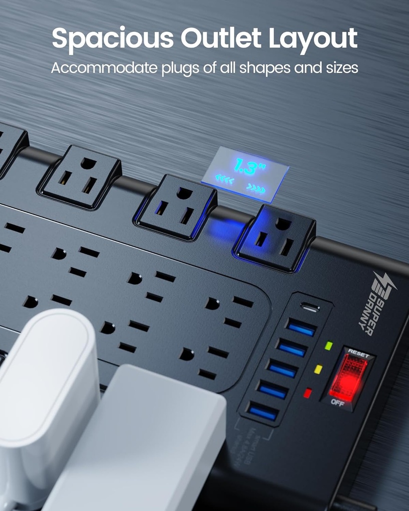 Regleta Power Strip, SUPERDANNY Surge Protector with 22 AC Outlets and 6 USB Charging Ports, 1875W/15A, 2100 Joules, 6.5Ft Flat