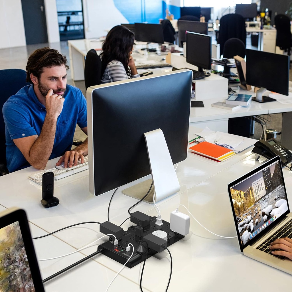 Regleta Power Strip, SUPERDANNY Surge Protector with 22 AC Outlets and 6 USB Charging Ports, 1875W/15A, 2100 Joules, 6.5Ft Flat